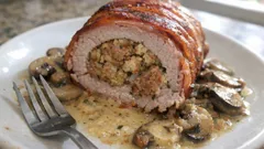Italian Stuffed Pork Loin Wrapped in Pancetta—with Mushrooms and Creamy Milk Sauce
