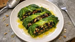 Stuffed Escarole the Southern Italian Way—Braised with Anchovies, Olives, and Raisins