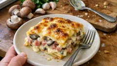 Creamy Mushroom and Ham Lasagna with Béchamel—Golden, Bubbly, and Easy to Layer