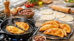 Crispy homemade chebureki with juicy beef filling and blistered crust
