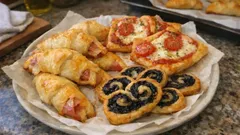 3 Easy Puff Pastry Appetizers: Ham & Cheese Crescents, Pizza Squares, Olive Palmiers